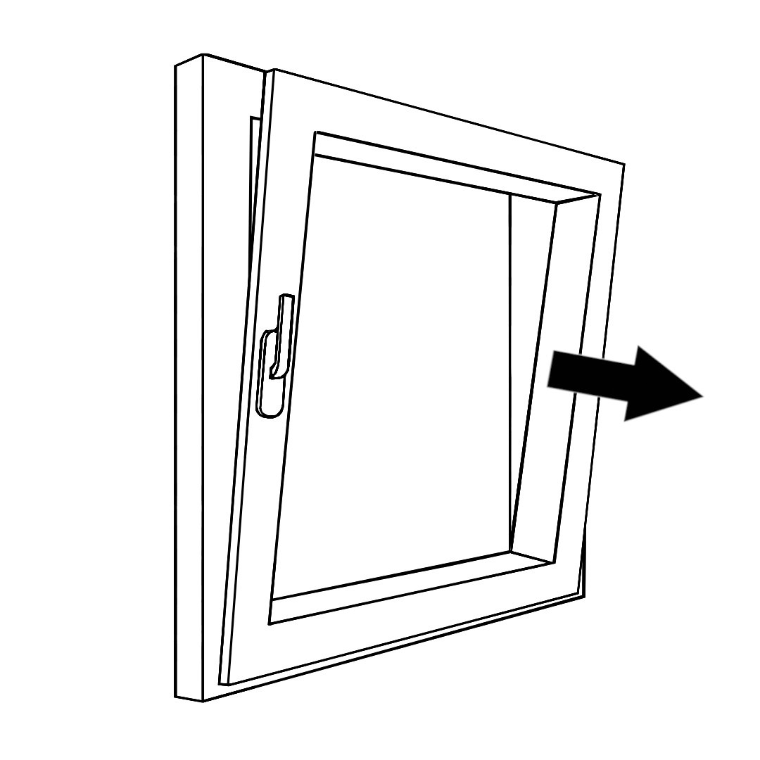 Gezeichnetes Bild eines Kippfensters, welches leicht geöffnet ist. Ein Pfeil zeigt die Öffnungsrichtung.