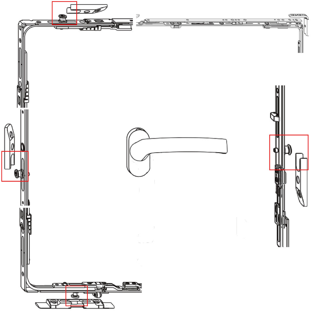 Aufbau eines Dreh-Kipp-Beschlags und sowie Verdeutlichung der Funktion in der Dreh-Stellung.