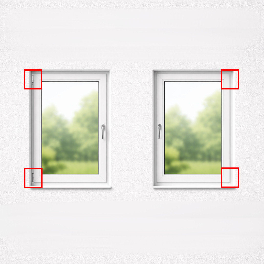 Zwei einflügelige Kunststofffenster. Links = mit sichtbaren Bändern. Rechts = mit verdeckten Bändern.