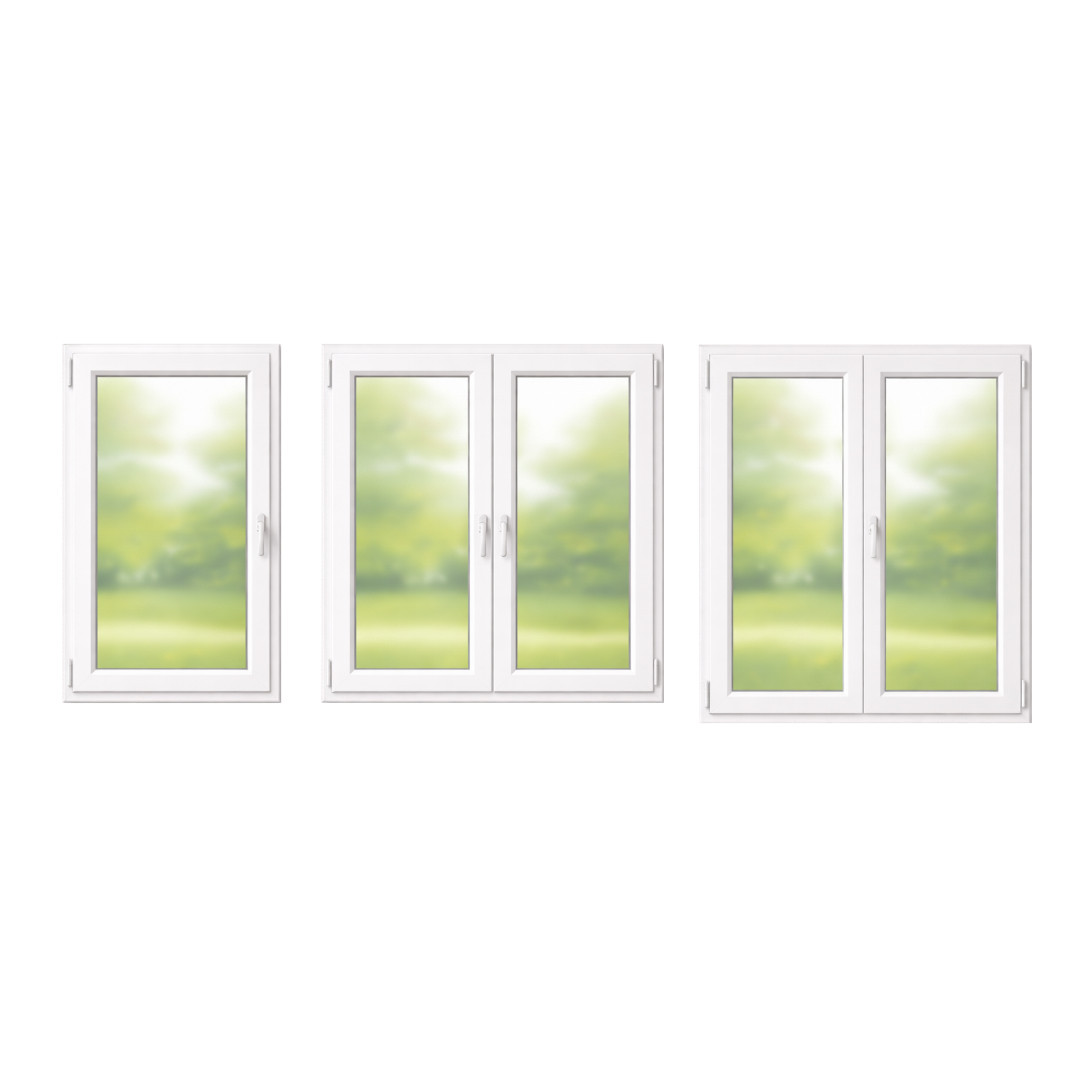 Drei Kunststoffenster in verschiedenen Ausführungen. Links = Einflügelig, Mitte = Zweiflügelig, Rechts = Stulpfenster