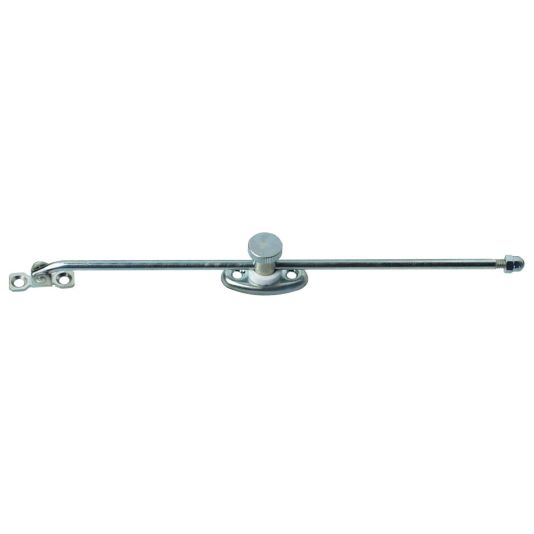 Auf dem Bild ist ein 275 mm langer, dänischer Fensterhalter in verchromt zu sehen.