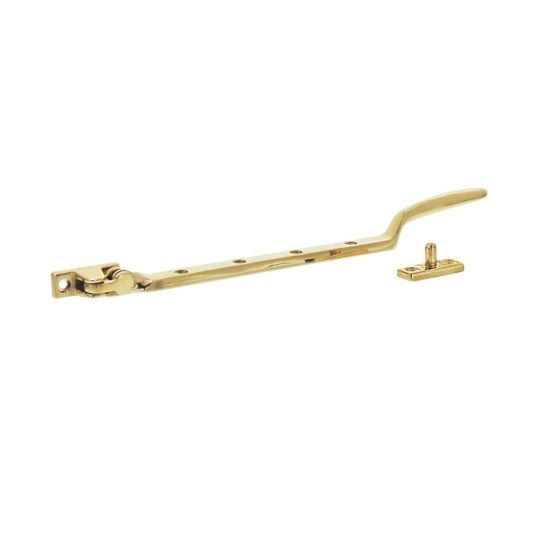 Auf dem Bild ist ein dänischer Fensterfeststeller mit zwei Platten mit Stift in Messing poliert zu sehen.