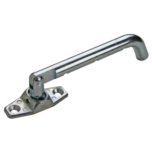 Auf dem Bild ist eine dänische Fenstersicherung in hell verzinkt zu sehen.