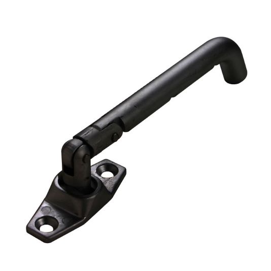 Auf dem Bild ist eine dänische Fenstersicherung in schwarz pulverbeschichtet zu sehen.