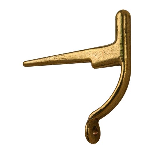 Auf dem Bild ist ein dänischer Stützhaken für Sturmhaken in Messing poliert zu sehen.